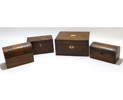 Collection of wooden boxes, one square box modelled as a writing slope, two further mahogany and walnut caddies and a further