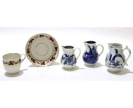Worcester (Barr) cup and saucer with a fruiting vine decoration together with three Worcester blue and white sparrowbeaks (5)