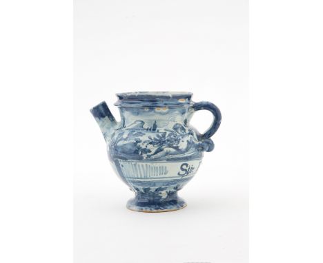 Majolica jug. Savona manufacture. Marked on the bottom. 17th century. Slight defects. Height approx. 17.5 cm. Brocca in maiol