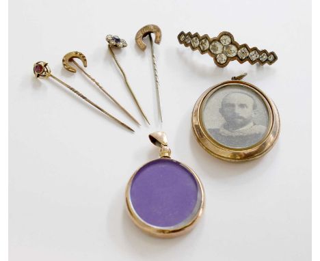 A Small Quantity of Jewellery, including a paste brooch, length 4.5cm; a ruby stick pin; three further stick pins including t