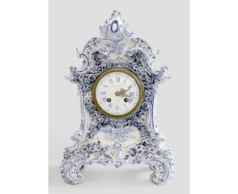 A Blue and White Porcelain Striking Mantel Clock, Parkinson &amp; Frodsham, London, enamel dial with retail signature, twin b