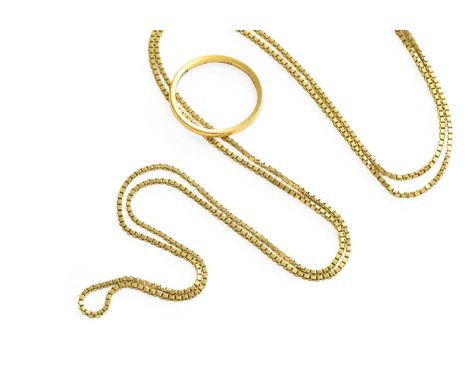 A 22 Carat Gold Band Ring, finger size N1/2; and A Box Link Chain, stamped '750', length 71.8cmRing - 2.3 grams. Chain - 8.3 