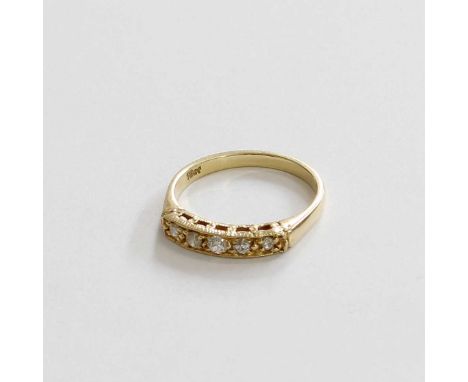 A Diamond Five Stone Ring, the old cut and eight-cut diamonds in yellow claw and channel settings, to a plain polished shank,