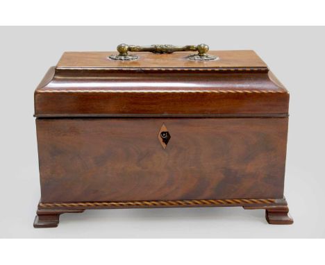 A George III MahognayTea Caddy, of rectangular form with moulded hinged lid, striped stringing, gilt-metal swan neck handle, 