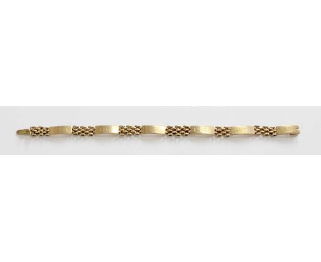 A Fancy Link Bracelet, the gate links interspaced with plaques engraved EVELYN, HUGH, ETHEL, DUNCAN, JANET and BOB, length 18