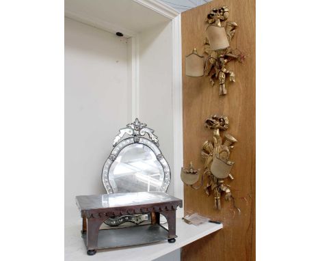 A Venetian Style Frameless Easel Back Mirror, foliate pediment and mounts,52cm by 33cm; together with a copper chafing dish s