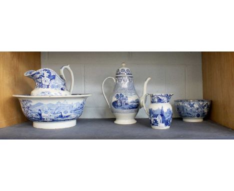 A Collection of Pearlware, circa 1830, including a Spode "Woodman" pattern bowl, coffee pot and cover with landscapes on a ve