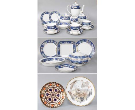 Wedgwood 'Blue Sian' Dinner and Tea Wares, tureen and cover, seven teacups and saucers, teapot, etc. (two trays)Scratch tpo t