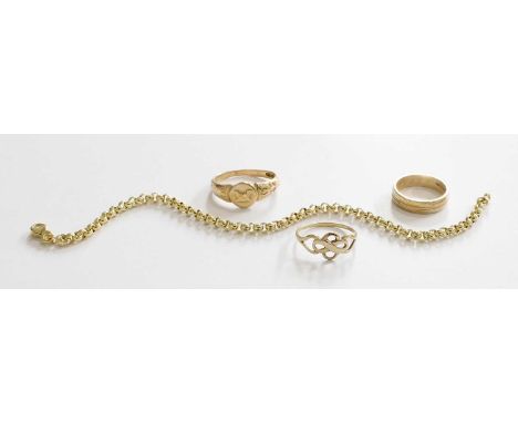 A 9 Carat Gold Band Ring, finger size K; Two Further Rings, indistinctly marked; and A Bracelet, stamped '585', length 18.5cm