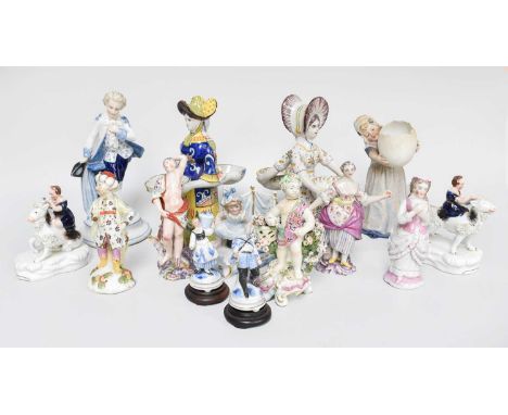 Three 18th/19th Century Derby Figures, (all a/f), Dutch Tin Glazed Earthenware Figural Twin Salts, a German and Staffordshire