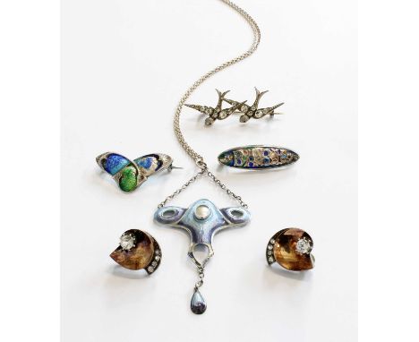A Small Quantity of Jewellery, comprising of a silver and enamel brooch, by Charles Horner (a.f.), length 3.1cm; another enam