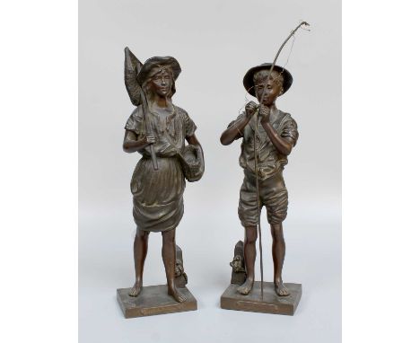 A Bronze Figure of a Young Fisherman, signed ''Lavergne'',34cm high; together with a bronze figure of a farm girl signed, ''J