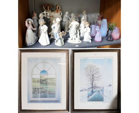 A Collection of Decorative Ceramics and Glass, including: Two Lladro Figures, Various Nao Figures, A Staffordshire Figure Gro