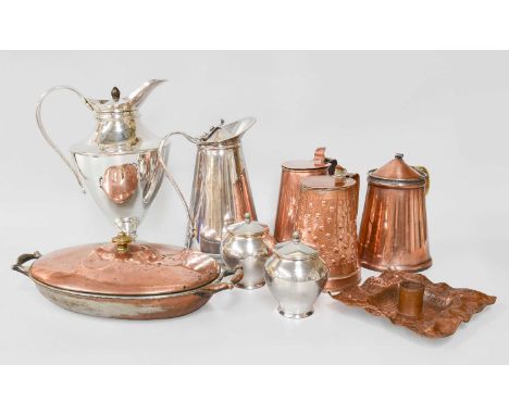 WAS Benson Silver Plated Insulated Pedestal Jug, circa 1900, footed urn form with strap handle and helmet form lip, stamped m
