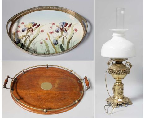 A 19th Century Gilt-Brass Oil Lamp, elaborate base with cherub mask, shell and pierced foliate scroll detail, opaque glass sh