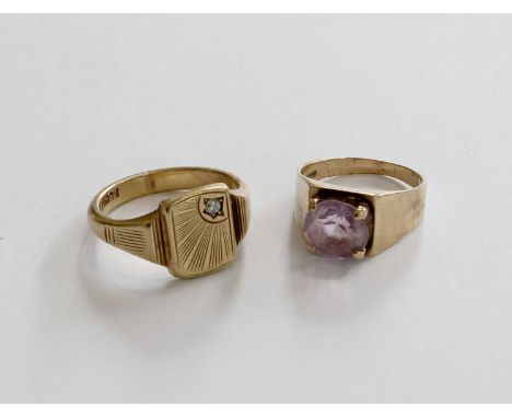 A 9 Carat Gold Amethyst Ring, finger size P; and A 9 Carat Gold Diamond Signet Ring, finger size WGross weight 12.9 grams.