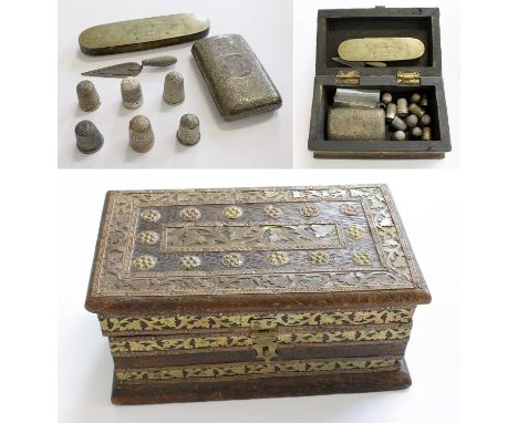 Twelve Assorted Silver Thimbles, engragved silver cigarette case, silver trowel book mark, engraved box dated 1853