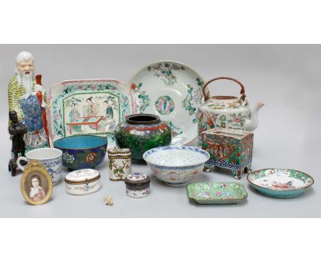 Chinese Enamelwares and Porcelain Including: a model of the deity Fu, assorted vessels, famille rose dish and teapot, etc (on
