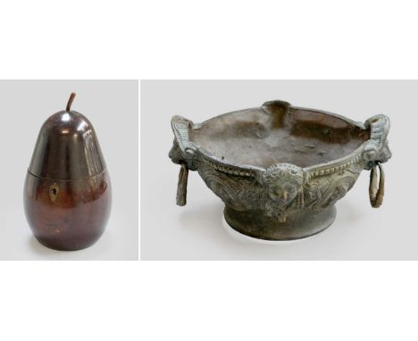 A George III FruitwoodTea Caddy, naturalistically modelled as a pear, hinged top, 20cm high (a.f.); and a bronze vase mount i