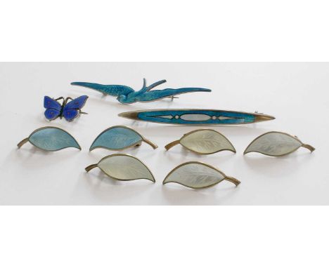 A Quantity of Enamel Jewellery, comprising of three pairs of clips, by David Andersen, of leaf form; a brooch depicting a bir