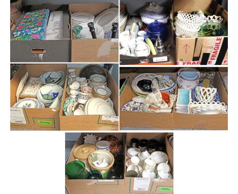 A Group of Mixed Ceramics and Glass Including: carnival glass plates, green glass vases, continental dinnerwares, English tea