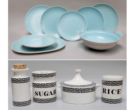 Assorted Portmeirion Kitchenwares including sugar jar, greek key decoration and various Poole pottery dinnerwares in duck egg