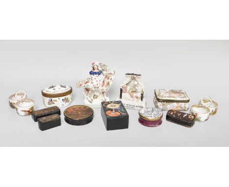 A Collection of 18th Century Enamel Patch Boxes, pietra dura box, painted papier mache snuff box ''Going Out'', Dresden salts
