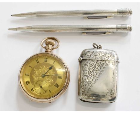 A Gold Plated Gentleman's Open Face Pocket Watch 'Star' Case by Dennison, together with a silver vesta case, Birmingham, chas