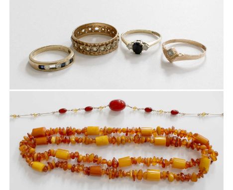 A Quantity of Jewellery, comprising of an amber necklace, length 110cm (approximately); another beaded necklace; three 9 cara