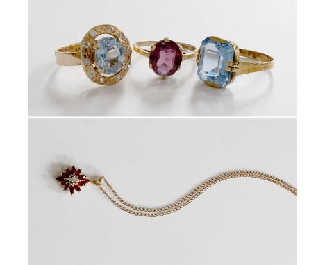 Two Blue Synthetic Spinel Rings, finger sizes I and O1/2; A 9 Carat Gold Purple Glass Ring, finger size J1/2; and A Garnet Pe