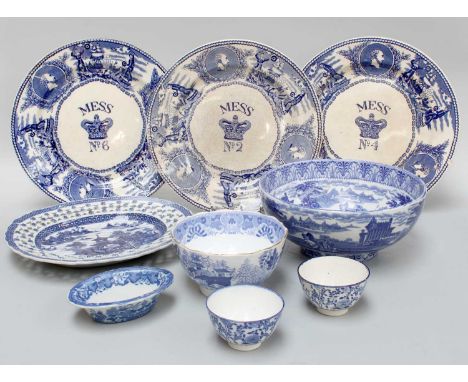 Three 19th Century Blue and White Transfer Printed Plates, decorated with portrait roundals and navel scenes, the central wel