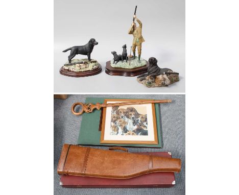 Border Fine Arts Labrador and Gun Models, together with gun cases, a print, stick and a copy of British Salmonidae by Sir W. 
