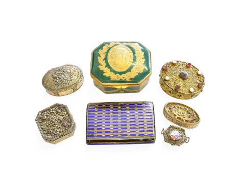 A Serves Style late 19th Century box, four Continental gilt-metal boxes, enamel mounted pierced miniatuure basket and a Sterl
