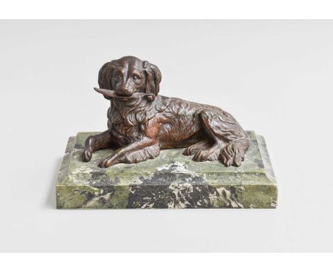 A Bronze Inkwell in the form of an English setter on green marble simulated base, 16cm wide