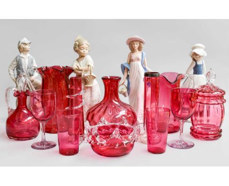A Collection of Nao figures, Cranberry glass, Royal Doulton figures etc. (three trays)