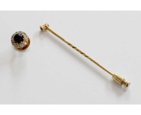 A Diamond and Black Stone Cluster Stick Pin/Stud, the black cabochon within a border of old cut diamonds, in yellow claw sett