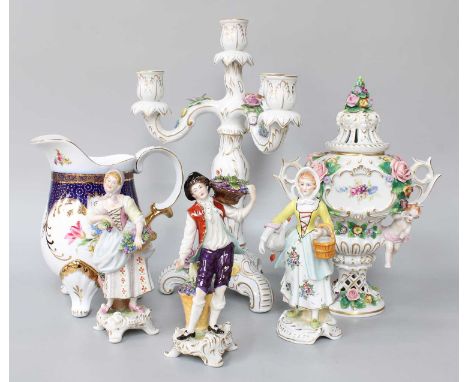 A Group of Continential Porcelain Figures, including Sitzendorf, after Meissen, candelabra. figures etc.  (two trays)