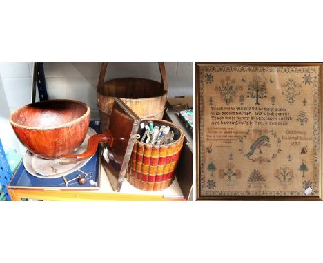 A Chinese Staved Pail, A Wicker Edged Dug Out Bowl, A Waste Paper Bin, with book spine decoration, A 19th Century Needlework 