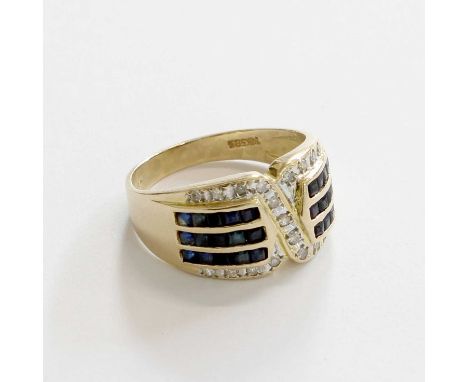 A Sapphire and Diamond Ring, calibré cut sapphires and eight-cut diamonds in yellow claw and channel settings, to a plain pol