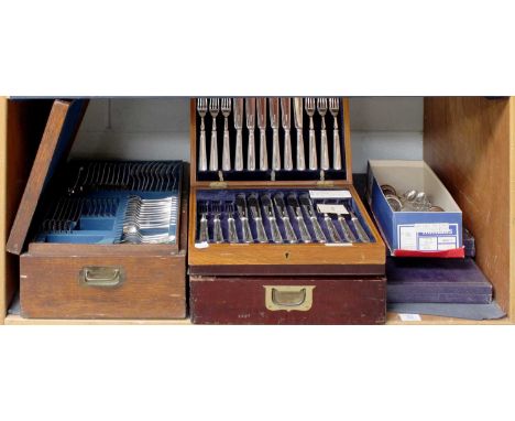 A Collection of Canteens of Silver Plated Flatware, various makers and styles, etc. (one shelf)