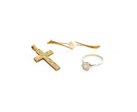 A 9 Carat Gold Cross Pendant, measures 4.0cm by 1.9cm; A 9 Carat Gold Cultured Pearl Brooch, length 4.9cm; and A 9 Carat Whit