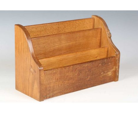 A Robert 'Mouseman' Thompson workshop oak three-tier waterfall letter rack, the side with typical carved mouse signature, hei