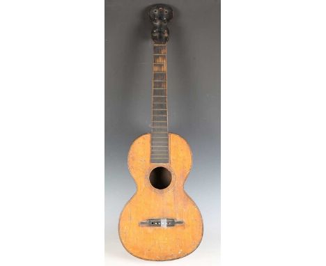 A 19th century German acoustic parlour guitar, length of back excluding button 44.5cm (faults).