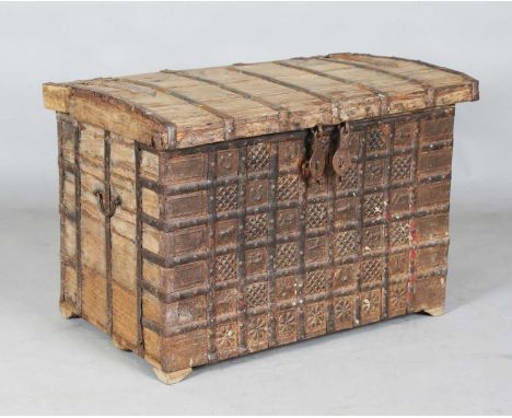 A 19th century Indian hardwood and iron bound dowry trunk, height 54cm, width 77cm, depth 50cm.