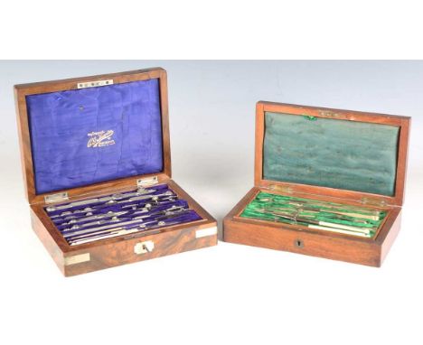 A late Victorian burr walnut cased drawing instrument set by Thornton of Manchester, width 20.5cm, together with a 19th centu