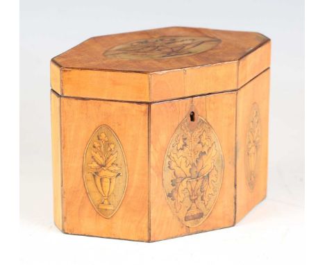 A George III satin birch canted hexagonal tea caddy, the hinged lid and front panels inlaid with reserve panels of flower-cha