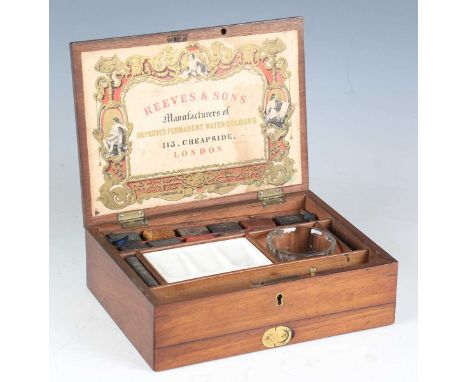 A late Victorian mahogany cased artist's box by Reeves &amp; Sons, Manufacturers of Improved Permanent Watercolours, the lid 