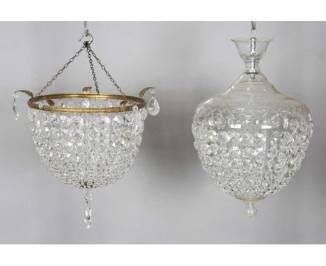 An early 20th century gilt brass and cut glass bag chandelier, height 35cm, diameter 30cm, another similar bag chandelier and