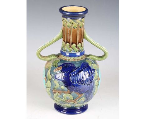 A Burmantofts Faience pottery twin-handled vase, circa 1900, the bulbous body decorated with opposing blue birds and flowerhe