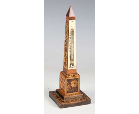 A Victorian Tunbridge ware desk thermometer of obelisk form, raised on a stepped square base, height 19cm. Note: a non-transf